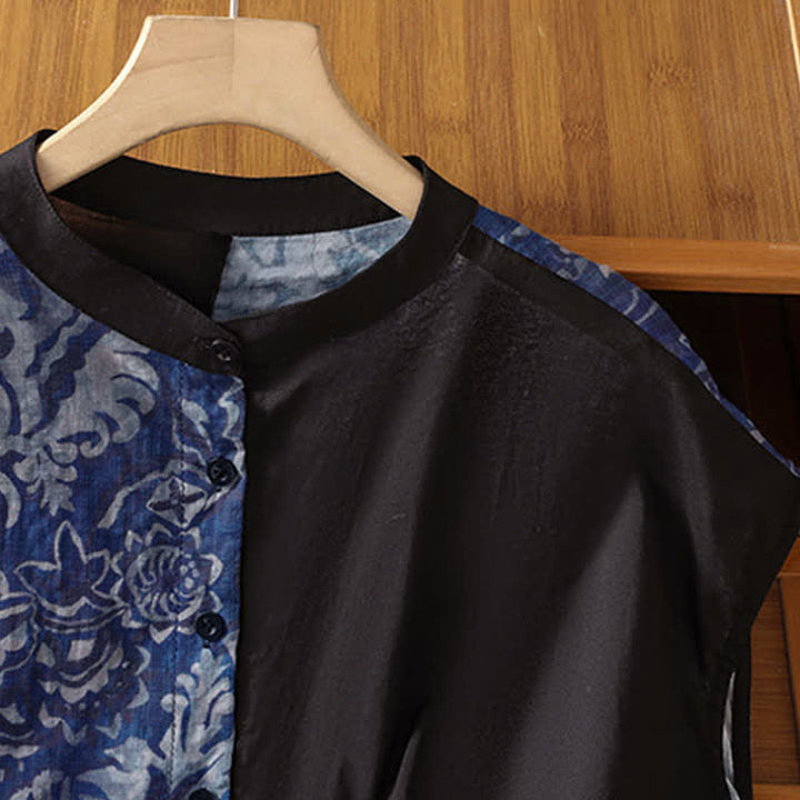 Buddha Stones Camisas sin mangas de verano minimalistas con cuello mandarín y estampado floral asimétrico para mujer. - image 9