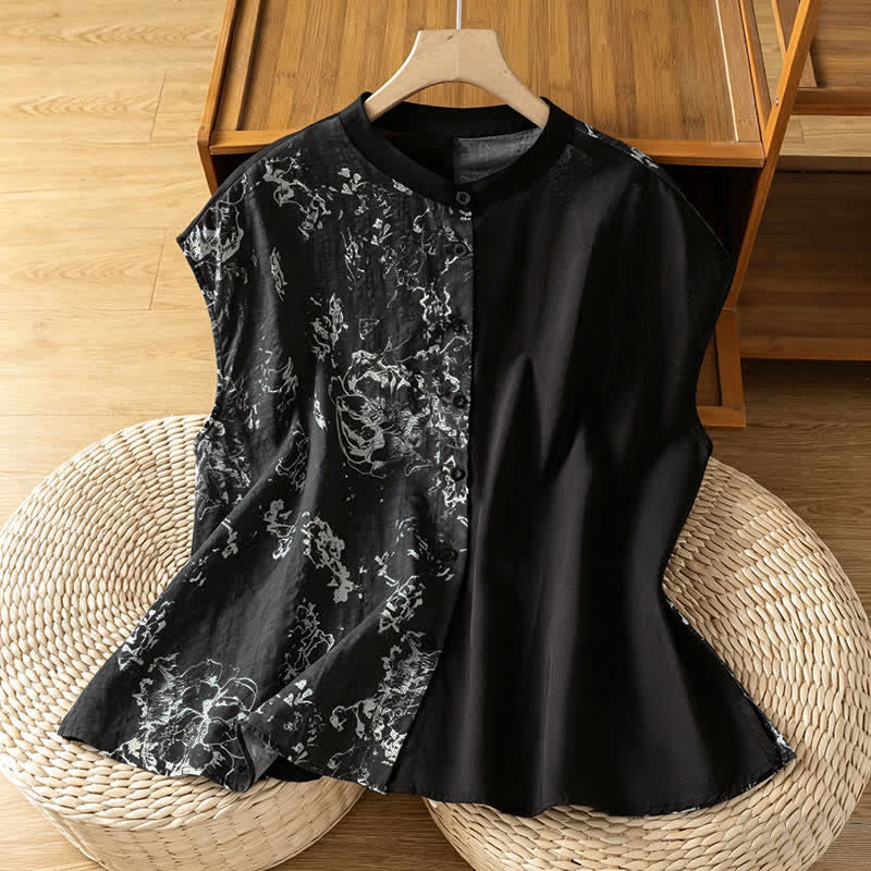 Buddha Stones Camisas sin mangas de verano minimalistas con cuello mandarín y estampado floral asimétrico para mujer. - Negro - US12, UK/AU16, EU44 (2XL) - image 13