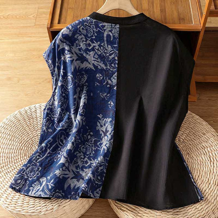Buddha Stones Camisas sin mangas de verano minimalistas con cuello mandarín y estampado floral asimétrico para mujer. - image 8