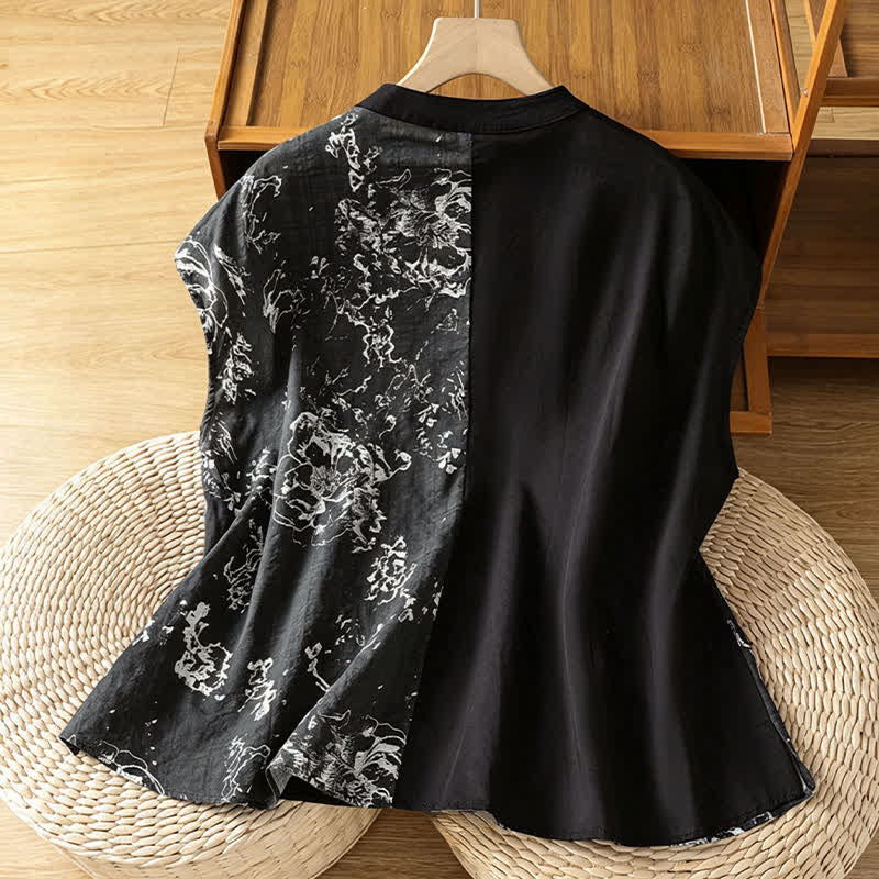Buddha Stones Camisas sin mangas de verano minimalistas con cuello mandarín y estampado floral asimétrico para mujer. - image 14
