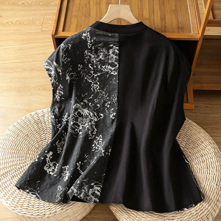 Buddha Stones Camisas sin mangas de verano minimalistas con cuello mandarín y estampado floral asimétrico para mujer. - image 14