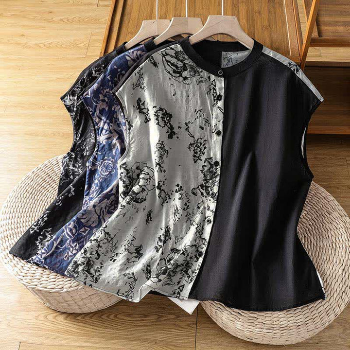 Buddha Stones Camisas sin mangas de verano minimalistas con cuello mandarín y estampado floral asimétrico para mujer. - image 19