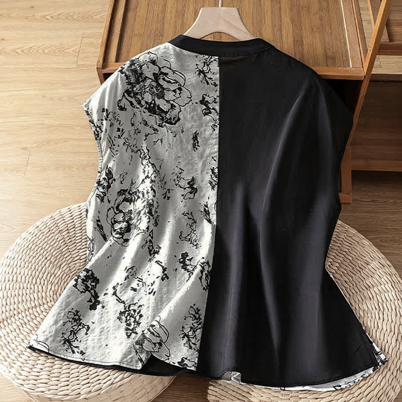 Buddha Stones Camisas sin mangas de verano minimalistas con cuello mandarín y estampado floral asimétrico para mujer. - image 1