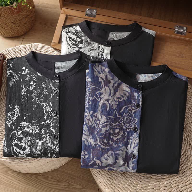 Buddha Stones Camisas sin mangas de verano minimalistas con cuello mandarín y estampado floral asimétrico para mujer. - image 20