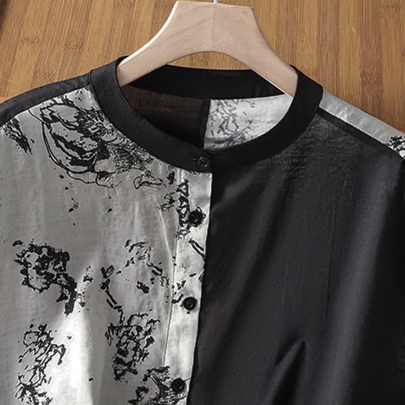 Buddha Stones Camisas sin mangas de verano minimalistas con cuello mandarín y estampado floral asimétrico para mujer. - image 2