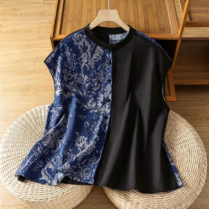 Buddha Stones Camisas sin mangas de verano minimalistas con cuello mandarín y estampado floral asimétrico para mujer. - Marina de guerra - US12, UK/AU16, EU44 (2XL) - image 7