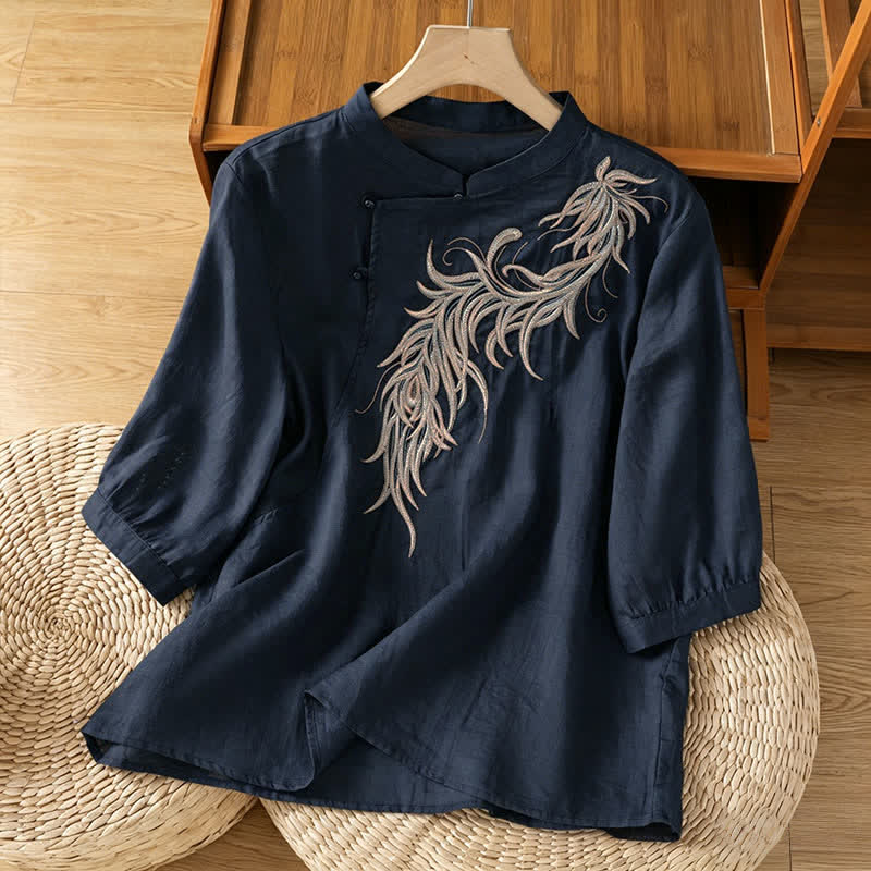 Buddha Stones Camisa de manga corta para mujer, color liso, con cuello mandarín y bordado de plumas, estilo vintage de primavera. - Azul medianoche - US8-10，UK/AU12-14，EU40-42 (2XL) - image 0