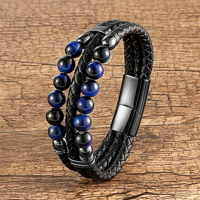 Pulsera de cuero con Buddha Stones, ojo de tigre, hematita, roca de lava, ónix negro, lazurita, lapislázuli y cuentas de protección. - Ojo de tigre azul - 18-22 cm - image 0