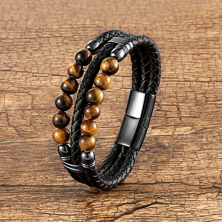 Pulsera de cuero con Buddha Stones, ojo de tigre, hematita, roca de lava, ónix negro, lazurita, lapislázuli y cuentas de protección. - Ojo de tigre - 18-22 cm - image 7