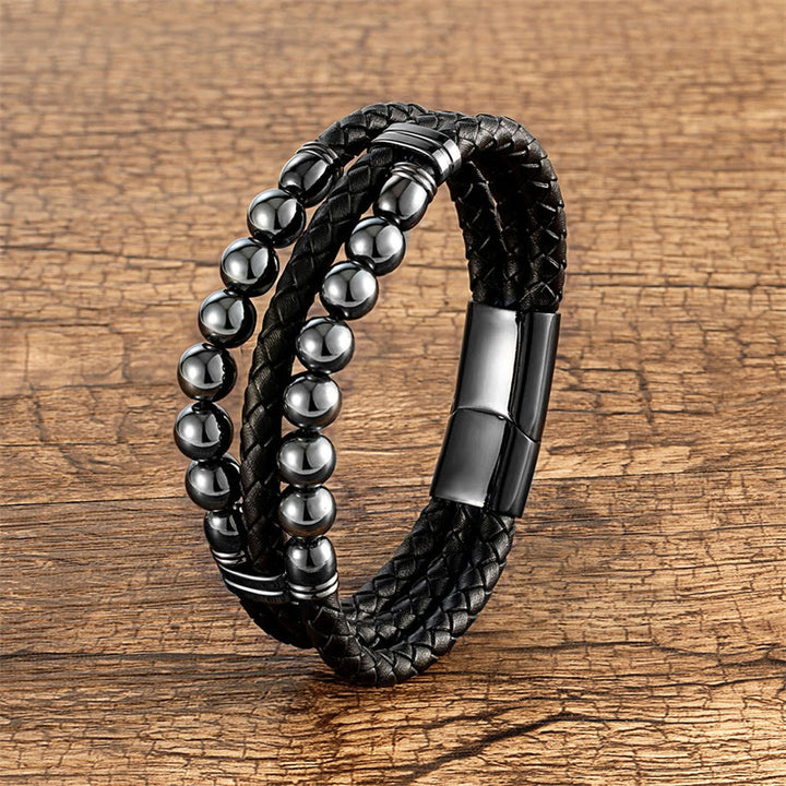 Pulsera de cuero con Buddha Stones, ojo de tigre, hematita, roca de lava, ónix negro, lazurita, lapislázuli y cuentas de protección. - Hematites - 18-22 cm - image 5
