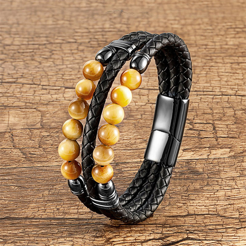 Pulsera de cuero con Buddha Stones, ojo de tigre, hematita, roca de lava, ónix negro, lazurita, lapislázuli y cuentas de protección. - Ojo de tigre amarillo - 18-22 cm - image 2