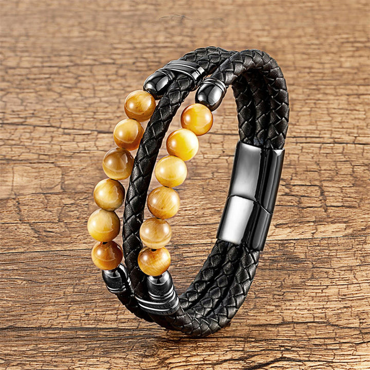 Pulsera de cuero con Buddha Stones, ojo de tigre, hematita, roca de lava, ónix negro, lazurita, lapislázuli y cuentas de protección. - Ojo de tigre amarillo - 18-22 cm - image 2