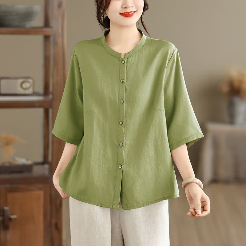 Buddha Stones Camisa de manga corta para mujer, estilo minimalista de verano, con cuello mandarín, botones y abertura lateral. - Verde mar oscuro - US8-10，UK/AU12-14，EU40-42 (2XL) - image 0