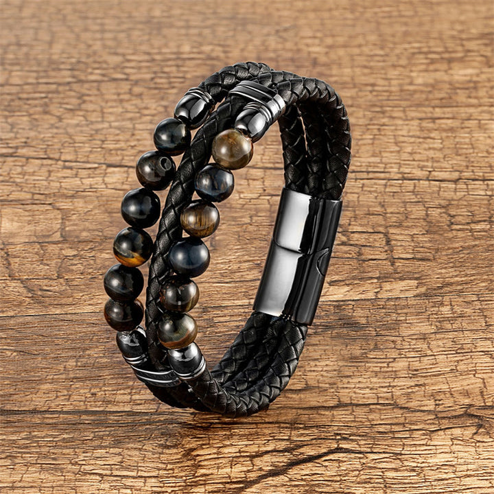 Pulsera de cuero con Buddha Stones, ojo de tigre, hematita, roca de lava, ónix negro, lazurita, lapislázuli y cuentas de protección. - Ojo de tigre negro - 18-22 cm - image 9