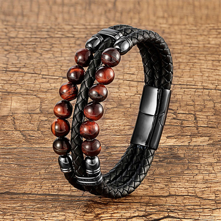 Pulsera de cuero con Buddha Stones, ojo de tigre, hematita, roca de lava, ónix negro, lazurita, lapislázuli y cuentas de protección. - Ojo de tigre marrón rojizo - 18-22 cm - image 10