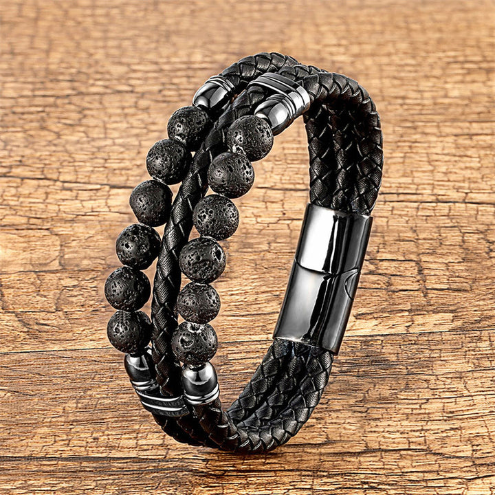 Pulsera de cuero con Buddha Stones, ojo de tigre, hematita, roca de lava, ónix negro, lazurita, lapislázuli y cuentas de protección. - Roca volcánica - 18-22 cm - image 11