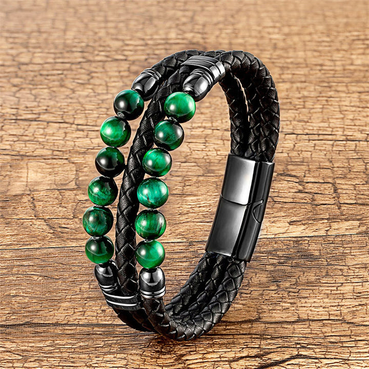 Pulsera de cuero con Buddha Stones, ojo de tigre, hematita, roca de lava, ónix negro, lazurita, lapislázuli y cuentas de protección. - Ojo de tigre verde - 18-22 cm - image 15
