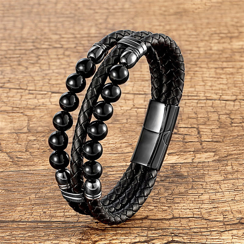 Pulsera de cuero con Buddha Stones, ojo de tigre, hematita, roca de lava, ónix negro, lazurita, lapislázuli y cuentas de protección. - Ónix negro - 18-22 cm - image 13