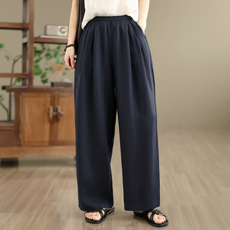 Buddha Stones Pantalones harem minimalistas plisados ​​de color liso para mujer, con bolsillos, ideales para el verano. - Marina de guerra - US8-10，UK/AU12-14，EU40-42 (2XL) - image 0