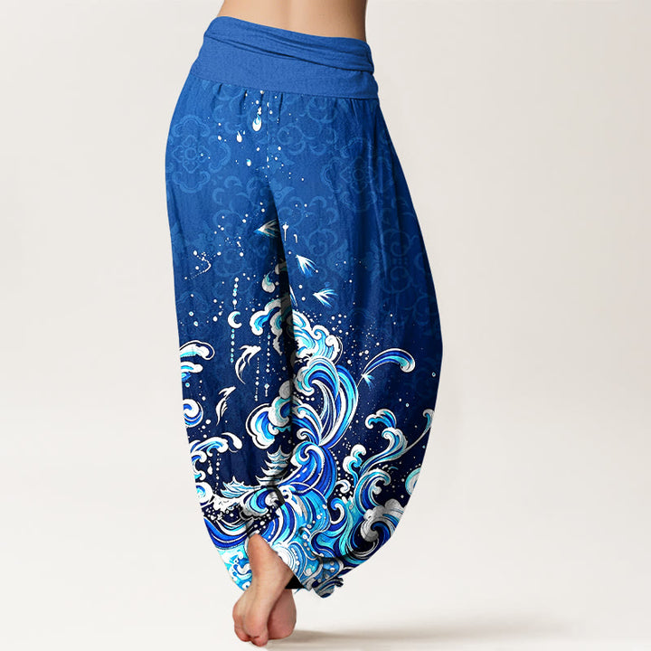 Buddha Stones Pantalones harem de algodón puro con estampado degradado de olas marinas para mujer y cintura elástica. - image 2