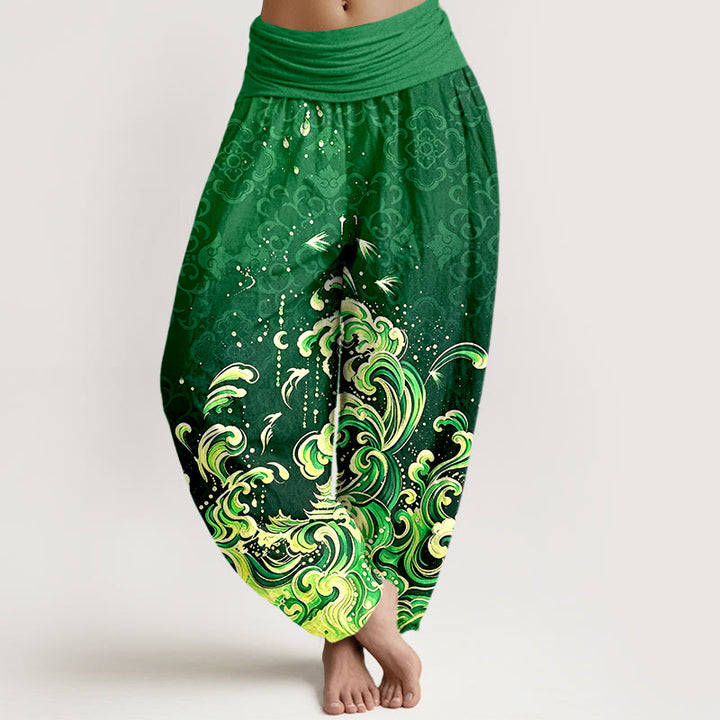 Buddha Stones Pantalones harem de algodón puro con estampado degradado de olas marinas para mujer y cintura elástica. - Verde bosque - US16，UK/AU20，EU48 (3XL) - image 5