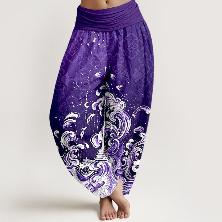 Buddha Stones Pantalones harem de algodón puro con estampado degradado de olas marinas para mujer y cintura elástica. - Púrpura - US16，UK/AU20，EU48 (3XL) - image 8