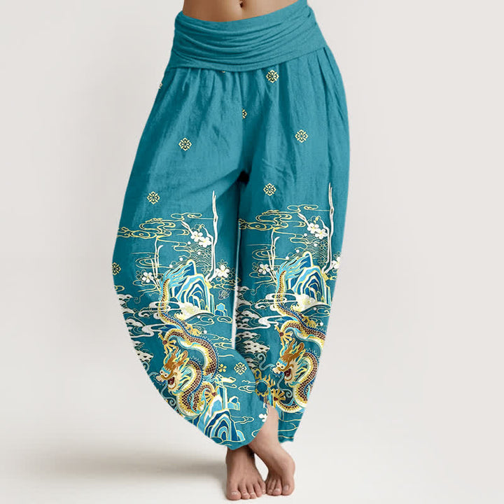 Buddha Stones Pantalones harem de algodón puro con estampado de nubes y dragones para mujer, cintura elástica. - Turquesa - US16，UK/AU20，EU48 (3XL) - image 0