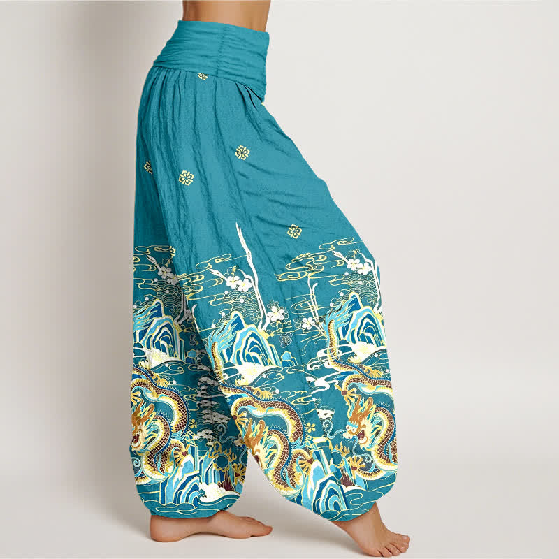 Buddha Stones Pantalones harem de algodón puro con estampado de nubes y dragones para mujer, cintura elástica. - image 2
