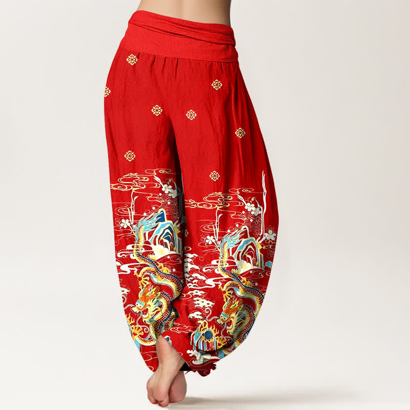 Buddha Stones Pantalones harem de algodón puro con estampado de nubes y dragones para mujer, cintura elástica. - image 6