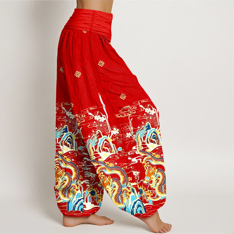 Buddha Stones Pantalones harem de algodón puro con estampado de nubes y dragones para mujer, cintura elástica. - image 7