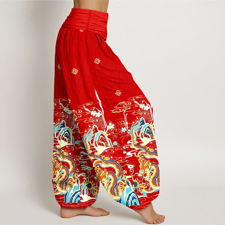 Buddha Stones Pantalones harem de algodón puro con estampado de nubes y dragones para mujer, cintura elástica. - image 7