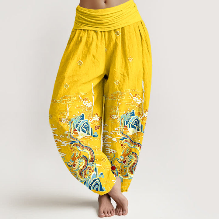 Buddha Stones Pantalones harem de algodón puro con estampado de nubes y dragones para mujer, cintura elástica. - Oro - US16，UK/AU20，EU48 (3XL) - image 8