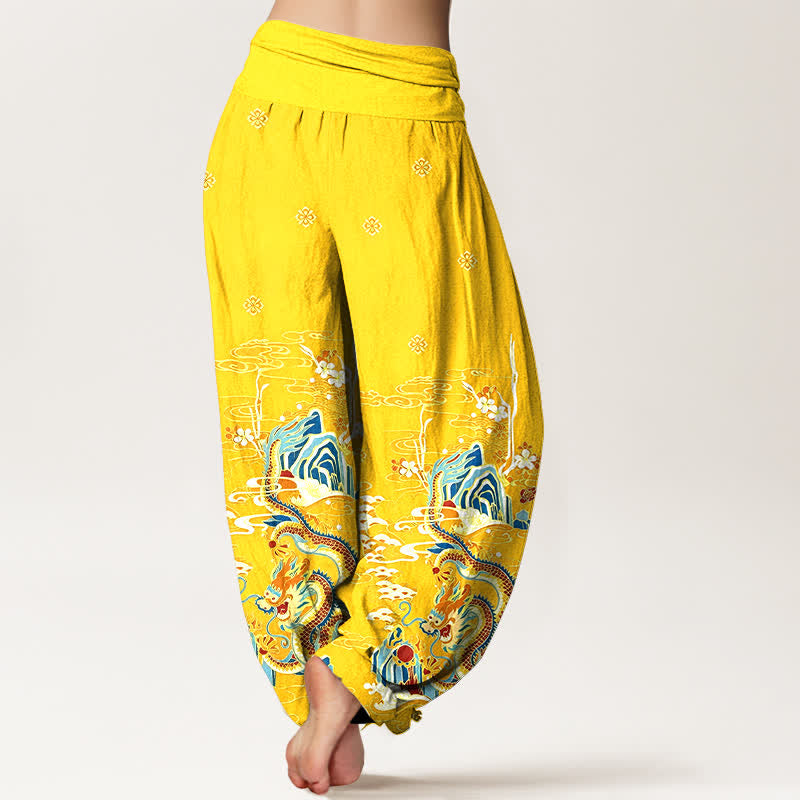 Buddha Stones Pantalones harem de algodón puro con estampado de nubes y dragones para mujer, cintura elástica. - image 9