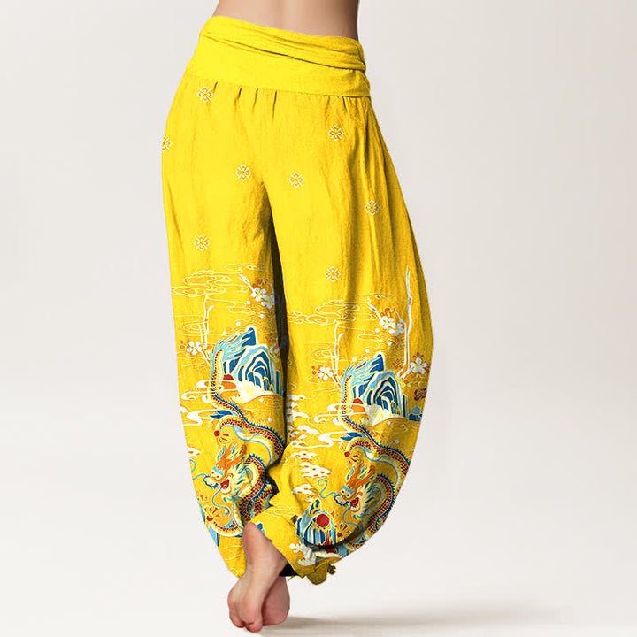 Buddha Stones Pantalones harem de algodón puro con estampado de nubes y dragones para mujer, cintura elástica. - image 9