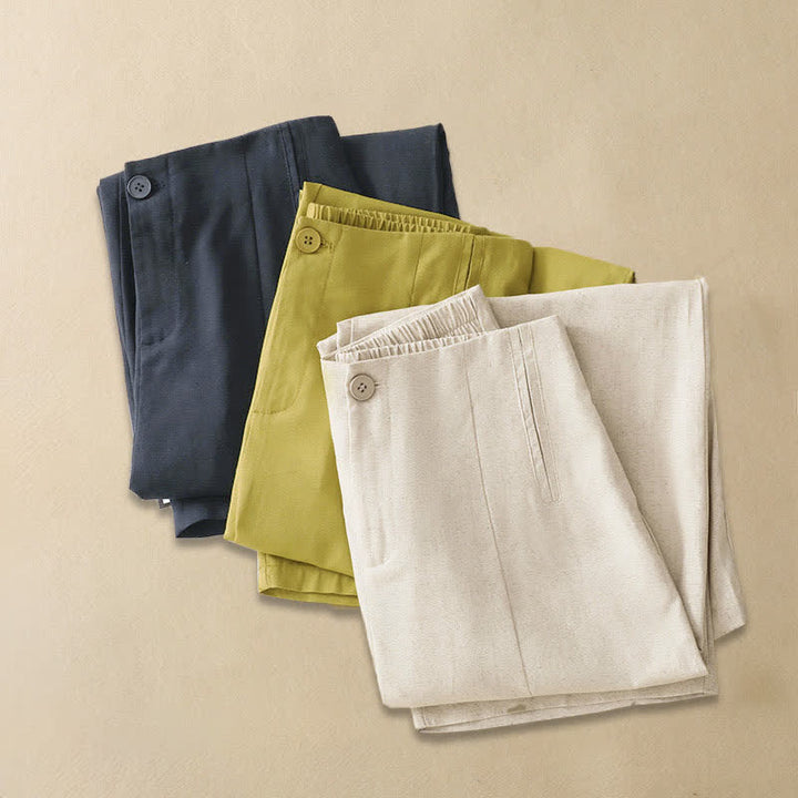 Buddha Stones Pantalones harem minimalistas de lino liso de cintura alta con botones y bolsillos para mujer, ideales para el verano. - image 14