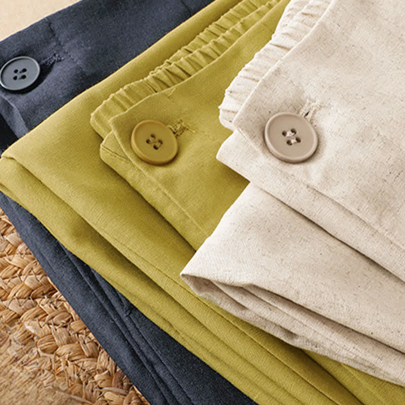 Buddha Stones Pantalones harem minimalistas de lino liso de cintura alta con botones y bolsillos para mujer, ideales para el verano. - image 16