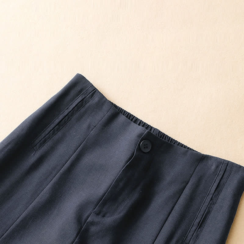 Buddha Stones Pantalones harem minimalistas de lino liso de cintura alta con botones y bolsillos para mujer, ideales para el verano. - image 4