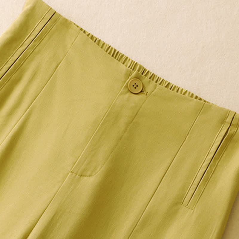 Buddha Stones Pantalones harem minimalistas de lino liso de cintura alta con botones y bolsillos para mujer, ideales para el verano. - image 1
