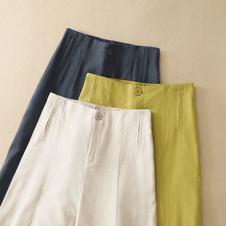 Buddha Stones Pantalones harem minimalistas de lino liso de cintura alta con botones y bolsillos para mujer, ideales para el verano. - image 15