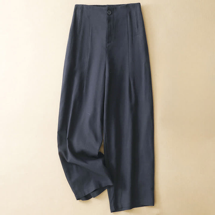 Buddha Stones Pantalones harem minimalistas de lino liso de cintura alta con botones y bolsillos para mujer, ideales para el verano. - Azul medianoche - US12, UK/AU16, EU44 (3XL) - image 3