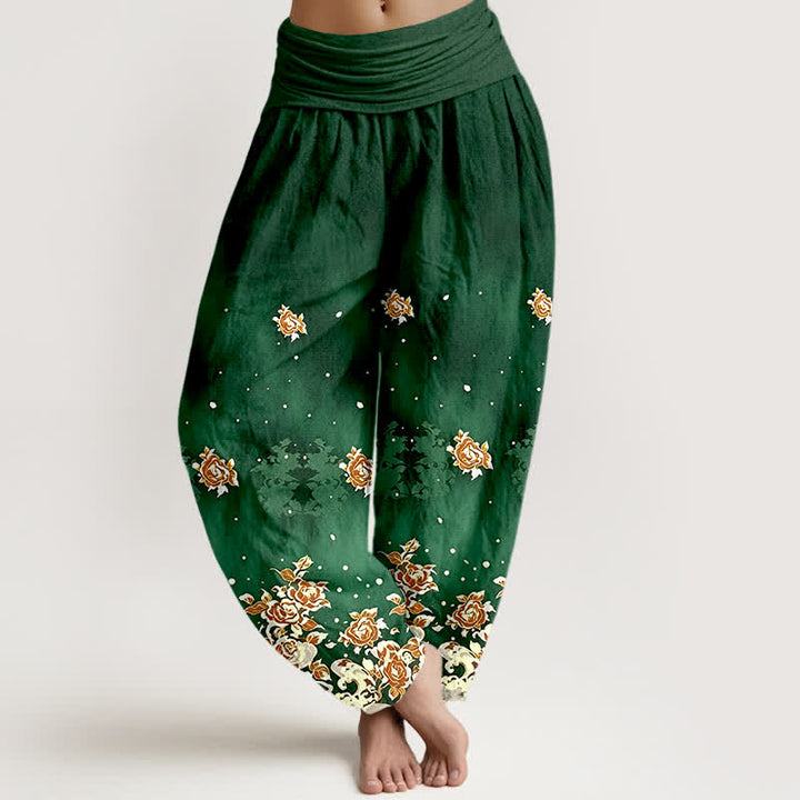 Buddha Stones Pantalones harem de algodón puro con estampado floral vintage de rosas para mujer con cintura elástica. - Verde bosque - US16，UK/AU20，EU48 (3XL) - image 0