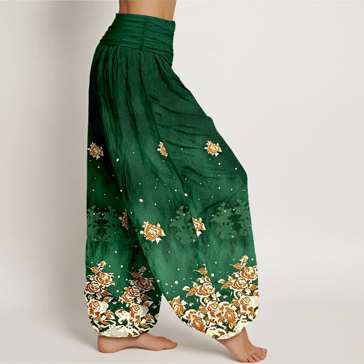 Buddha Stones Pantalones harem de algodón puro con estampado floral vintage de rosas para mujer con cintura elástica. - image 2