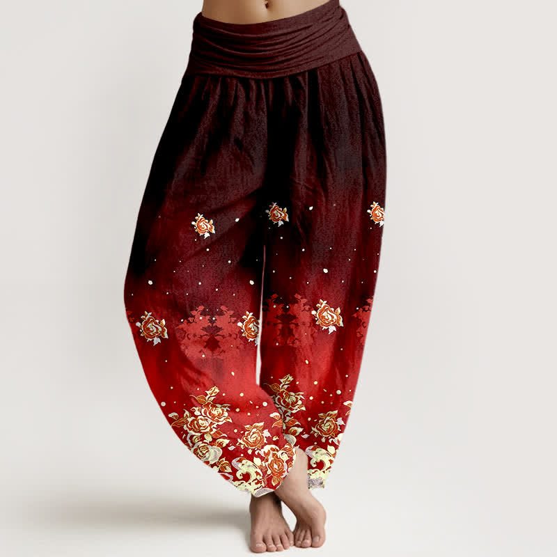 Buddha Stones Pantalones harem de algodón puro con estampado floral vintage de rosas para mujer con cintura elástica. - Granate - US16，UK/AU20，EU48 (3XL) - image 5