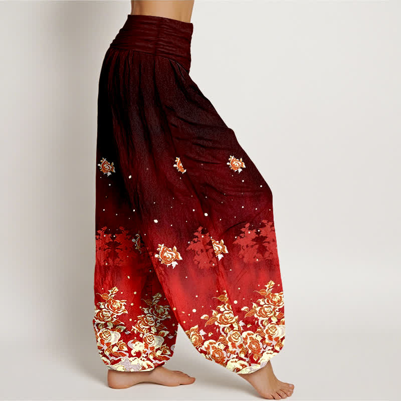 Buddha Stones Pantalones harem de algodón puro con estampado floral vintage de rosas para mujer con cintura elástica. - image 7
