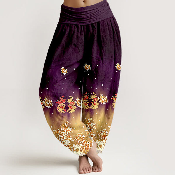 Buddha Stones Pantalones harem de algodón puro con estampado floral vintage de rosas para mujer con cintura elástica. - Púrpura - US16，UK/AU20，EU48 (3XL) - image 8