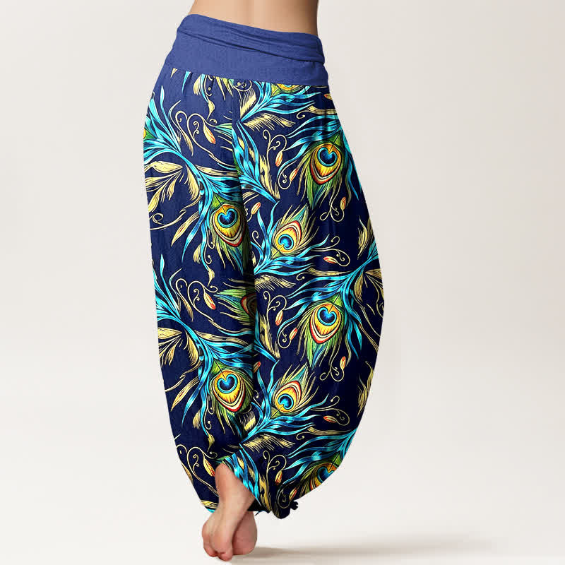 Buddha Stones Pantalones harem de mujer con cintura elástica y estampado de plumas de pavo real, de algodón puro. - image 1