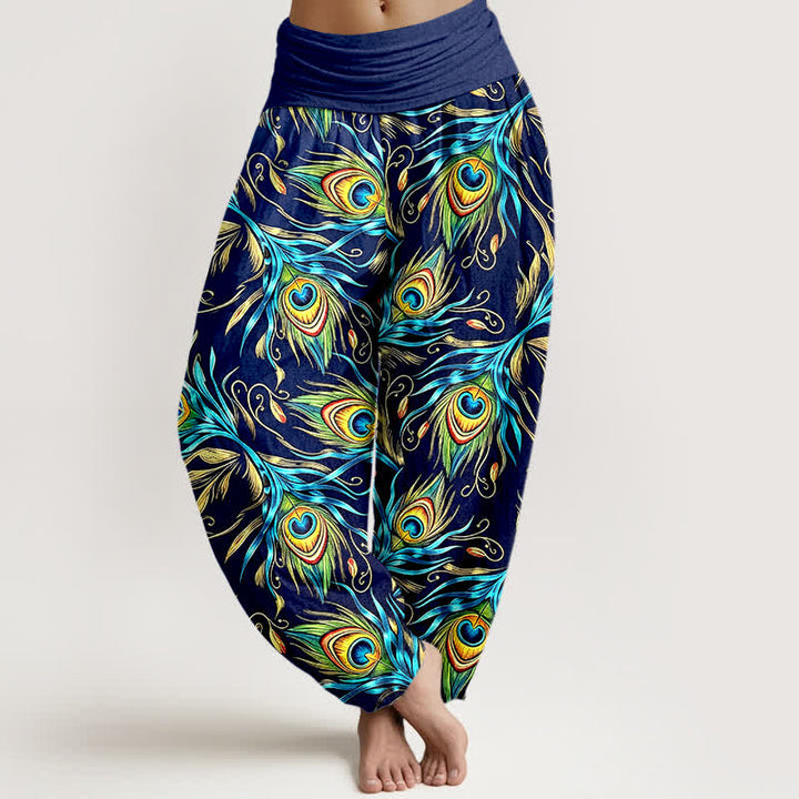Buddha Stones Pantalones harem de mujer con cintura elástica y estampado de plumas de pavo real, de algodón puro. - Marina de guerra - US16，UK/AU20，EU48 (3XL) - image 0
