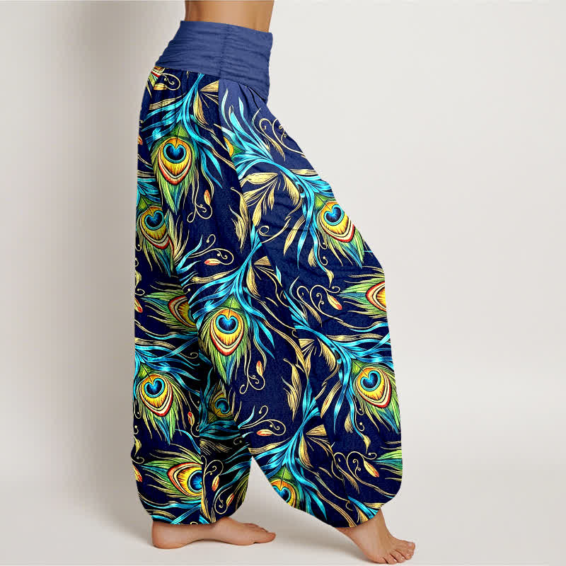 Buddha Stones Pantalones harem de mujer con cintura elástica y estampado de plumas de pavo real, de algodón puro. - image 2