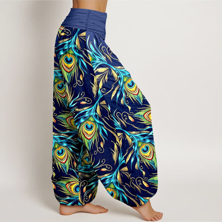 Buddha Stones Pantalones harem de mujer con cintura elástica y estampado de plumas de pavo real, de algodón puro. - image 2