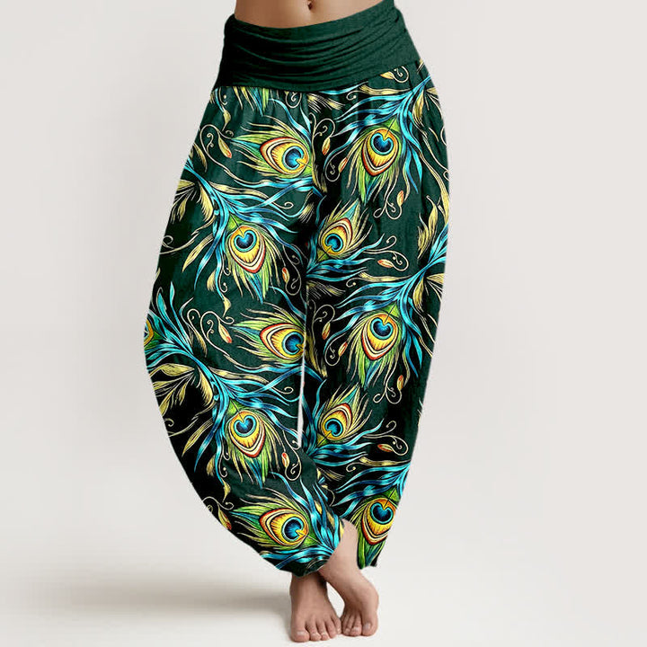 Buddha Stones Pantalones harem de mujer con cintura elástica y estampado de plumas de pavo real, de algodón puro. - Verde bosque - US16，UK/AU20，EU48 (3XL) - image 5